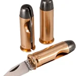 Old Bear 44-Magnum bullet-knife, gold-plated body & simulated lead tip, Aisi 420 blade